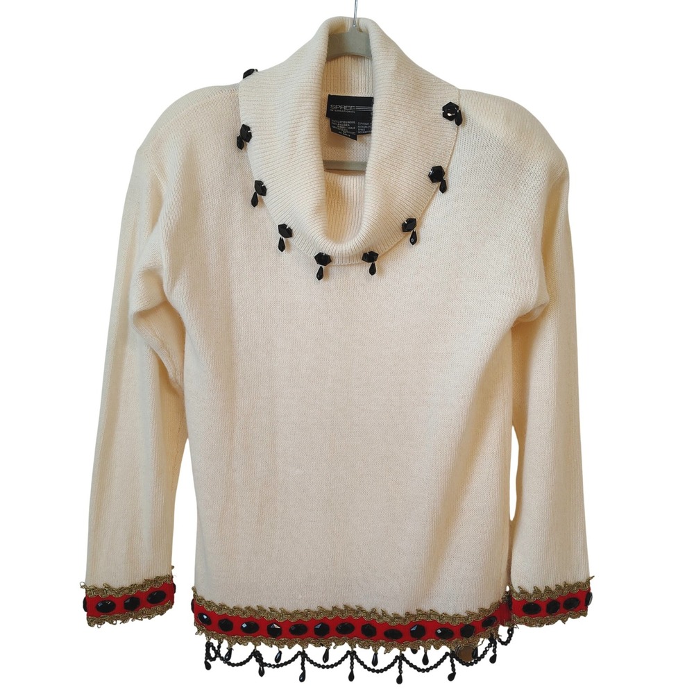 Vintage 1990 Spree‎ International Sweater Medium Ivory Beaded Angora Lambswool